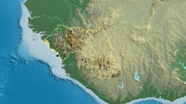 在一张救济地图上对几内亚边境地区及其区域边界进行了密切监视 资本点 国家形貌概述 — 图库照片