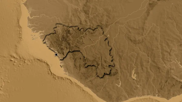 Крупный План Приграничной Зоны Гвинеи Карте Высоты Сепии Отличный Момент — стоковое фото