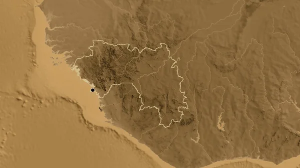 Närbild Guineas Gränsområde Karta Över Sepiahöjd Huvudpunkt Skissera Runt Landet — Stockfoto