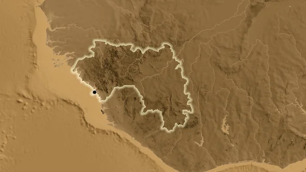 Detailní Záběr Pohraniční Oblasti Guineje Mapě Nadmořské Výšky Sépie Fakt — Stock fotografie