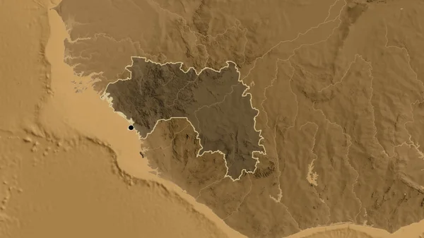 Närbild Guinea Gränsområdet Belyser Med Mörk Överlagring Sepia Höjd Karta — Stockfoto