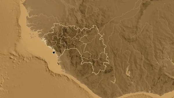 Zbliżenie Obszaru Przygranicznego Gwinei Jej Granic Regionalnych Mapie Wysokości Sepii — Zdjęcie stockowe