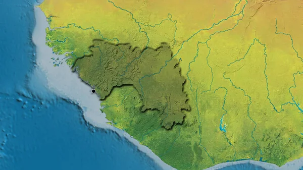 几内亚边境地区的特写镜头 用地形图上的黑暗阴影突出显示 资本点 国家形状的斜边 — 图库照片