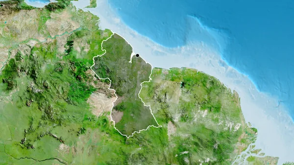 圭亚那边境地区的特写镜头 用卫星地图上的黑暗阴影突出显示 资本点 国家形貌概述 — 图库照片