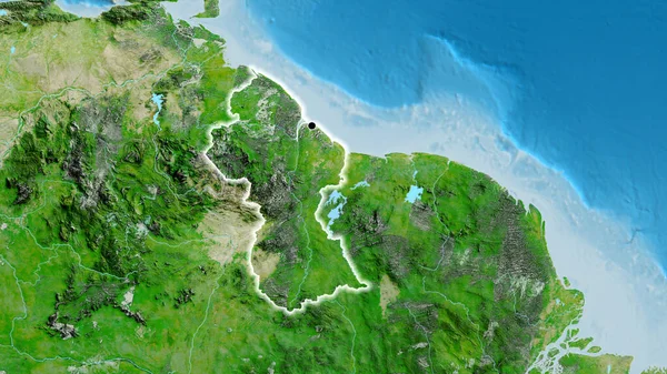 Nahaufnahme Des Grenzgebiets Guyana Auf Einer Satellitenkarte Kapitalpunkt Glühen Ganzen — Stockfoto
