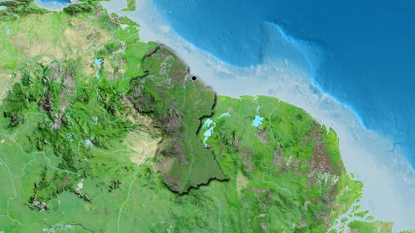 Крупный План Приграничной Зоны Гайаны Выделяющийся Тёмным Наложением Спутниковую Карту — стоковое фото