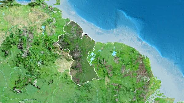Guyana sınır bölgesinin uydu haritasında koyu bir örtüyle işaretlenmiş hali. Ana nokta. Ülke şekli etrafında özet geç. 
