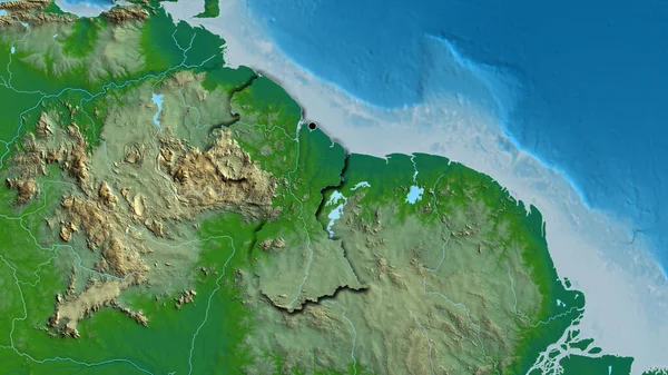 物理的な地図上のガイアナ国境地域のクローズアップ 資本ポイント 国の形の縁が隠されている — ストック写真