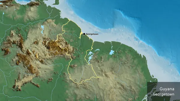 Nahaufnahme Des Grenzgebiets Guyana Auf Einer Reliefkarte Kapitalpunkt Umrisse Das — Stockfoto