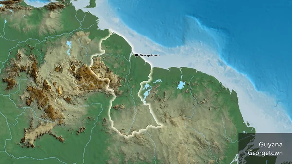 Nahaufnahme Des Grenzgebiets Guyana Auf Einer Reliefkarte Kapitalpunkt Überall Land — Stockfoto