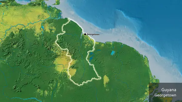 Nahaufnahme Des Grenzgebiets Guyana Auf Einer Topografischen Karte Kapitalpunkt Überall — Stockfoto