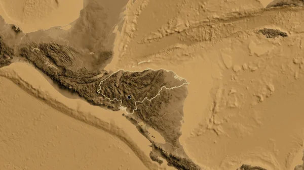 Κοντινό Πλάνο Της Παραμεθόριας Περιοχής Ονδούρας Υψομετρικό Χάρτη Σέπια Σημάδι — Φωτογραφία Αρχείου