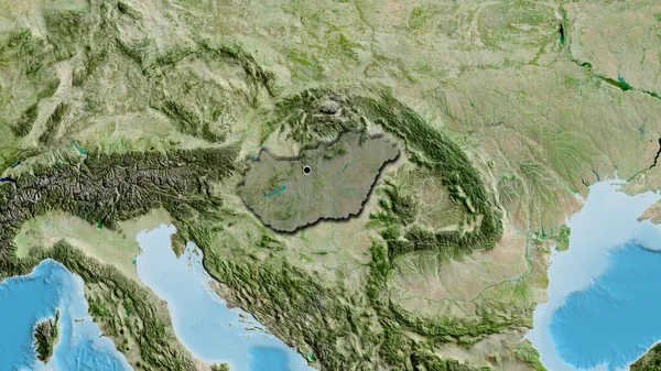 衛星地図上の暗いオーバーレイで強調ハンガリー国境地域のクローズアップ 資本ポイント 国の形の縁が隠されている — ストック写真
