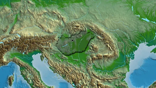 Close Hungary Border Area Highlighting Dark Overlay Physical Map Capital — Stock Photo, Image