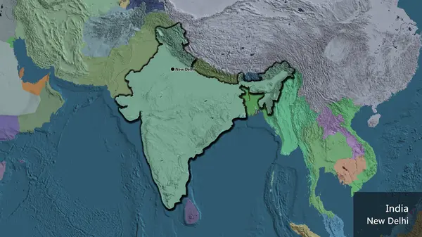 Close-up of the India border area on a administrative map. Capital point. Bevelled edges of the country shape. English name of the country and its capital