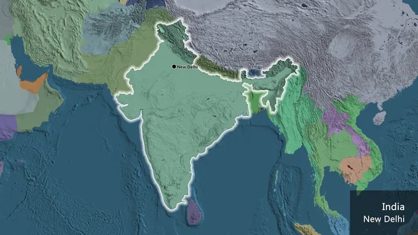 Close-up of the India border area on a administrative map. Capital point. Glow around the country shape. English name of the country and its capital