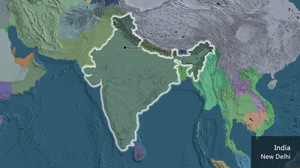 Close-up of the India border area highlighting with a dark overlay on a administrative map. Capital point. Glow around the country shape. English name of the country and its capital