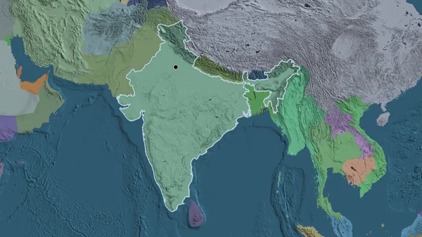 Close-up of the India border area on a administrative map. Capital point. Outline around the country shape.