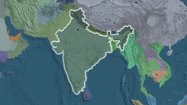 Close-up of the India border area highlighting with a dark overlay on a administrative map. Capital point. Glow around the country shape.