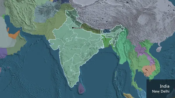 Bir idari harita üzerinde Hindistan sınır bölgesi ve bölgesel sınırlarına yakın çekim. Ana nokta. Ülke çapında bir taslak oluşturun. Ülkenin ve başkentinin İngilizce adı