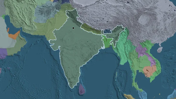 Close-up of the India border area highlighting with a dark overlay on a administrative map. Capital point. Outline around the country shape.