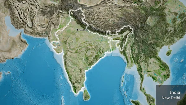 Close-up of the India border area on a satellite map. Capital point. Glow around the country shape. English name of the country and its capital