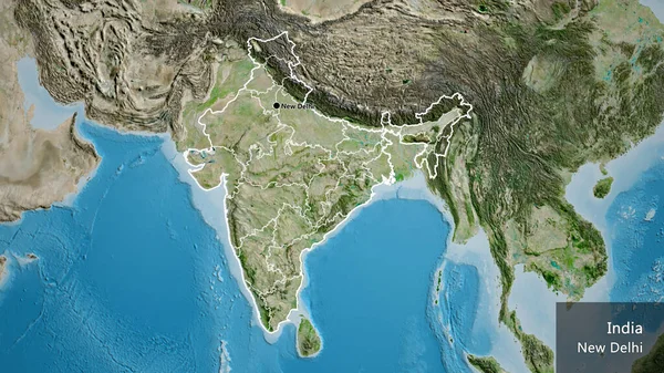 Close-up of the India border area and its regional borders on a satellite map. Capital point. Outline around the country shape. English name of the country and its capital