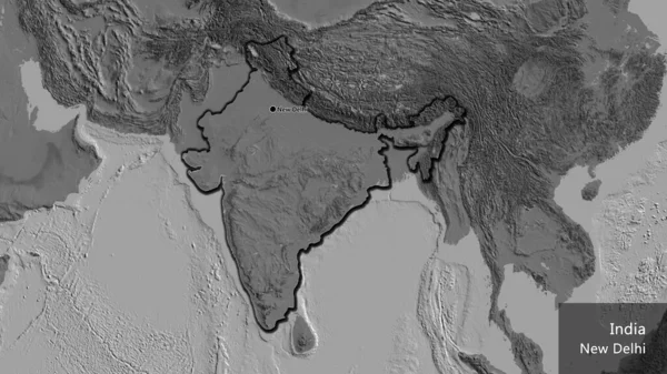Close-up of the India border area on a bilevel map. Capital point. Bevelled edges of the country shape. English name of the country and its capital
