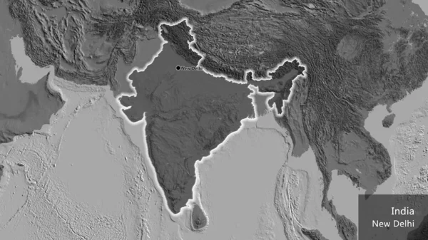Close-up of the India border area highlighting with a dark overlay on a bilevel map. Capital point. Glow around the country shape. English name of the country and its capital