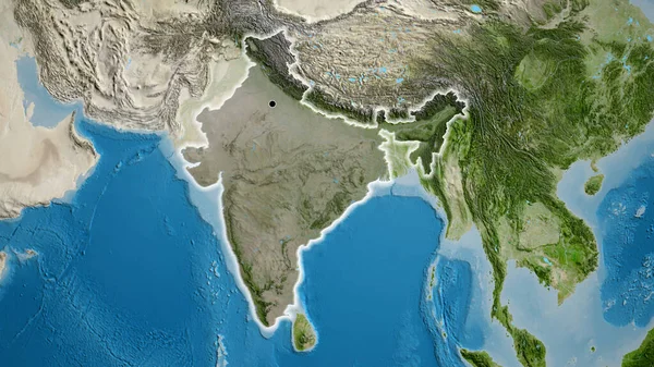 Close-up of the India border area highlighting with a dark overlay on a satellite map. Capital point. Glow around the country shape.
