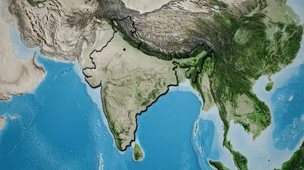 Close-up of the India border area on a satellite map. Capital point. Bevelled edges of the country shape.