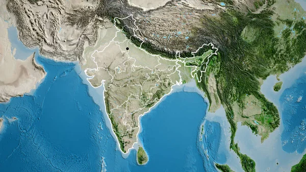 Close-up of the India border area and its regional borders on a satellite map. Capital point. Outline around the country shape.