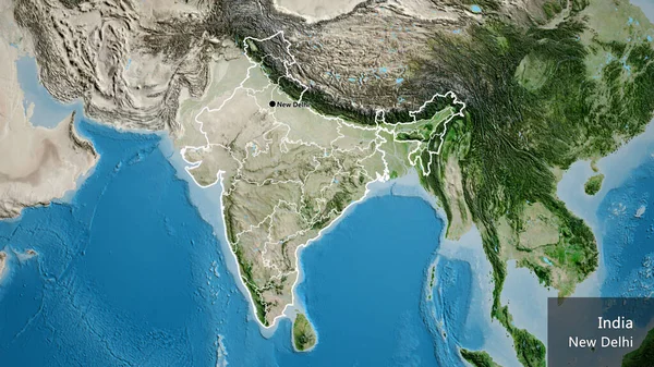 Close-up of the India border area and its regional borders on a satellite map. Capital point. Outline around the country shape. English name of the country and its capital