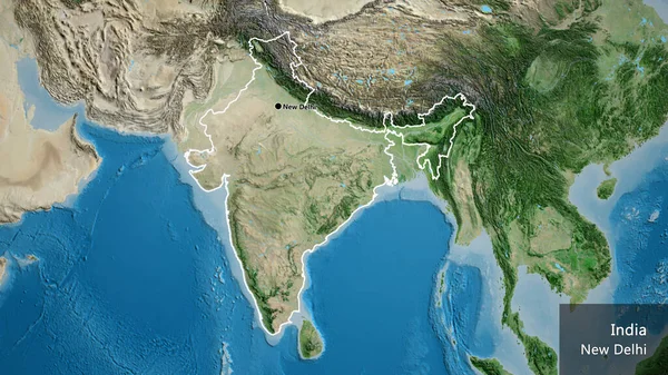 Close-up of the India border area on a satellite map. Capital point. Outline around the country shape. English name of the country and its capital