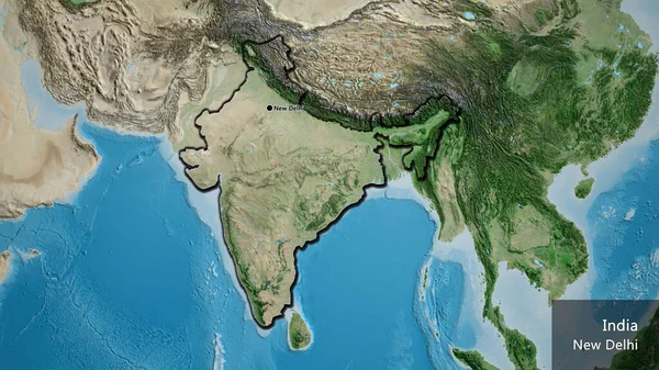 Close-up of the India border area on a satellite map. Capital point. Bevelled edges of the country shape. English name of the country and its capital