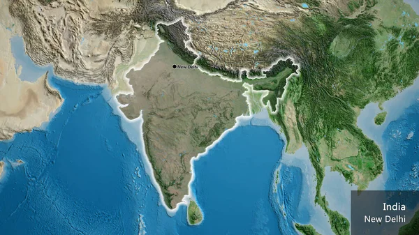 Close-up of the India border area highlighting with a dark overlay on a satellite map. Capital point. Glow around the country shape. English name of the country and its capital