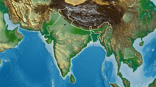 Close-up of the India border area on a physical map. Capital point. Outline around the country shape.