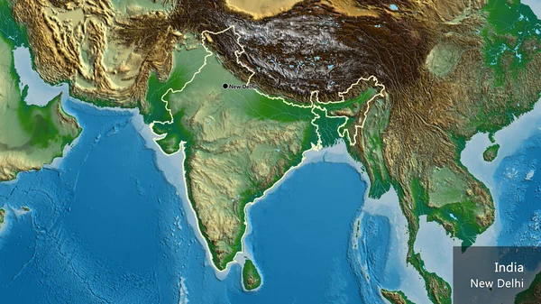 Close-up of the India border area on a physical map. Capital point. Outline around the country shape. English name of the country and its capital