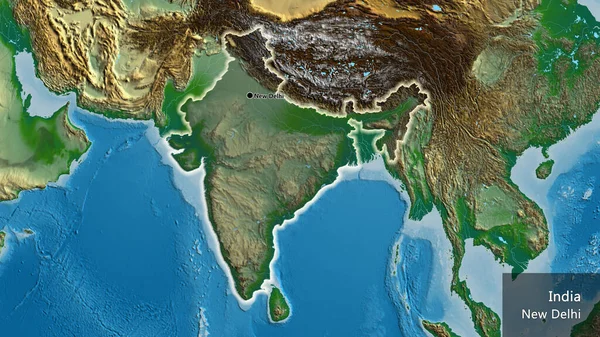 Close-up of the India border area highlighting with a dark overlay on a physical map. Capital point. Glow around the country shape. English name of the country and its capital