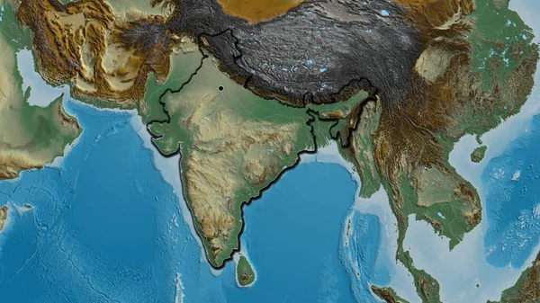 Close-up of the India border area on a relief map. Capital point. Bevelled edges of the country shape.