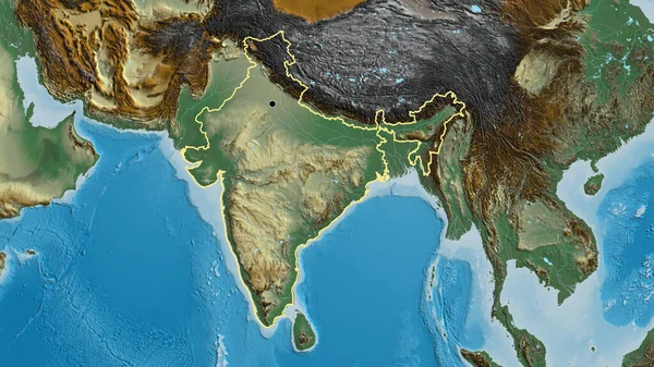 Close-up of the India border area on a relief map. Capital point. Outline around the country shape.