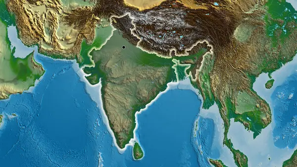 Close-up of the India border area highlighting with a dark overlay on a physical map. Capital point. Glow around the country shape.