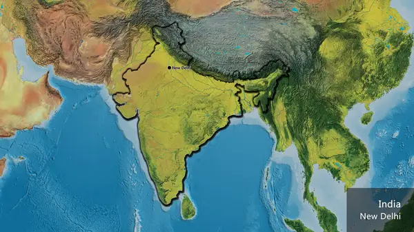 Close-up of the India border area on a topographic map. Capital point. Bevelled edges of the country shape. English name of the country and its capital