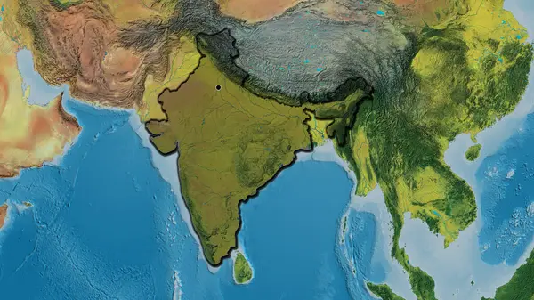Close-up of the India border area highlighting with a dark overlay on a topographic map. Capital point. Bevelled edges of the country shape.