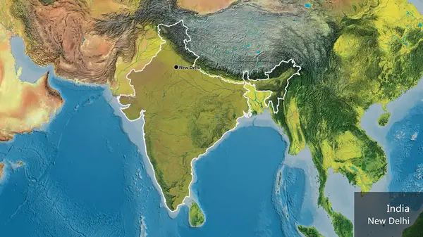 Close-up of the India border area highlighting with a dark overlay on a topographic map. Capital point. Outline around the country shape. English name of the country and its capital