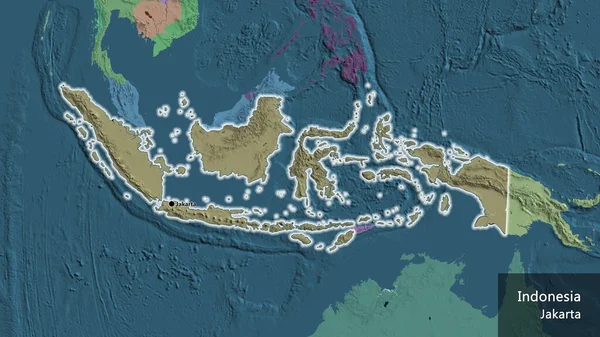 行政地図上のインドネシア国境地域の閉鎖 資本ポイント 国の形の周りに光る 英名国とその首都 — ストック写真