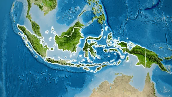 Närbild Indonesiens Gränsområde Satellitkarta Huvudpunkt Glow Runt Landet Form — Stockfoto