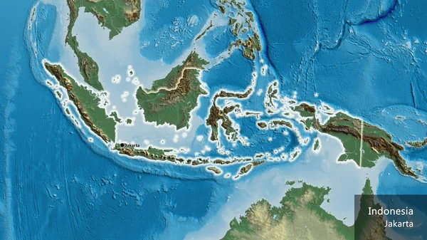 救援地図上のインドネシア国境地域の閉鎖 資本ポイント 国の形の周りに光る 英名国とその首都 — ストック写真