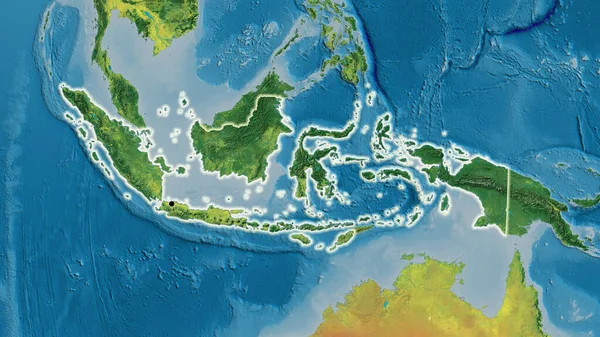 Nahaufnahme Des Indonesischen Grenzgebiets Auf Einer Topografischen Karte Kapitalpunkt Glühen — Stockfoto