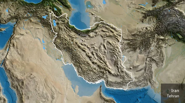 在卫星地图上对伊朗边境地区进行的密切监视 资本点 概略地描述一下国家的面貌 国家及其首都的英文名称 — 图库照片
